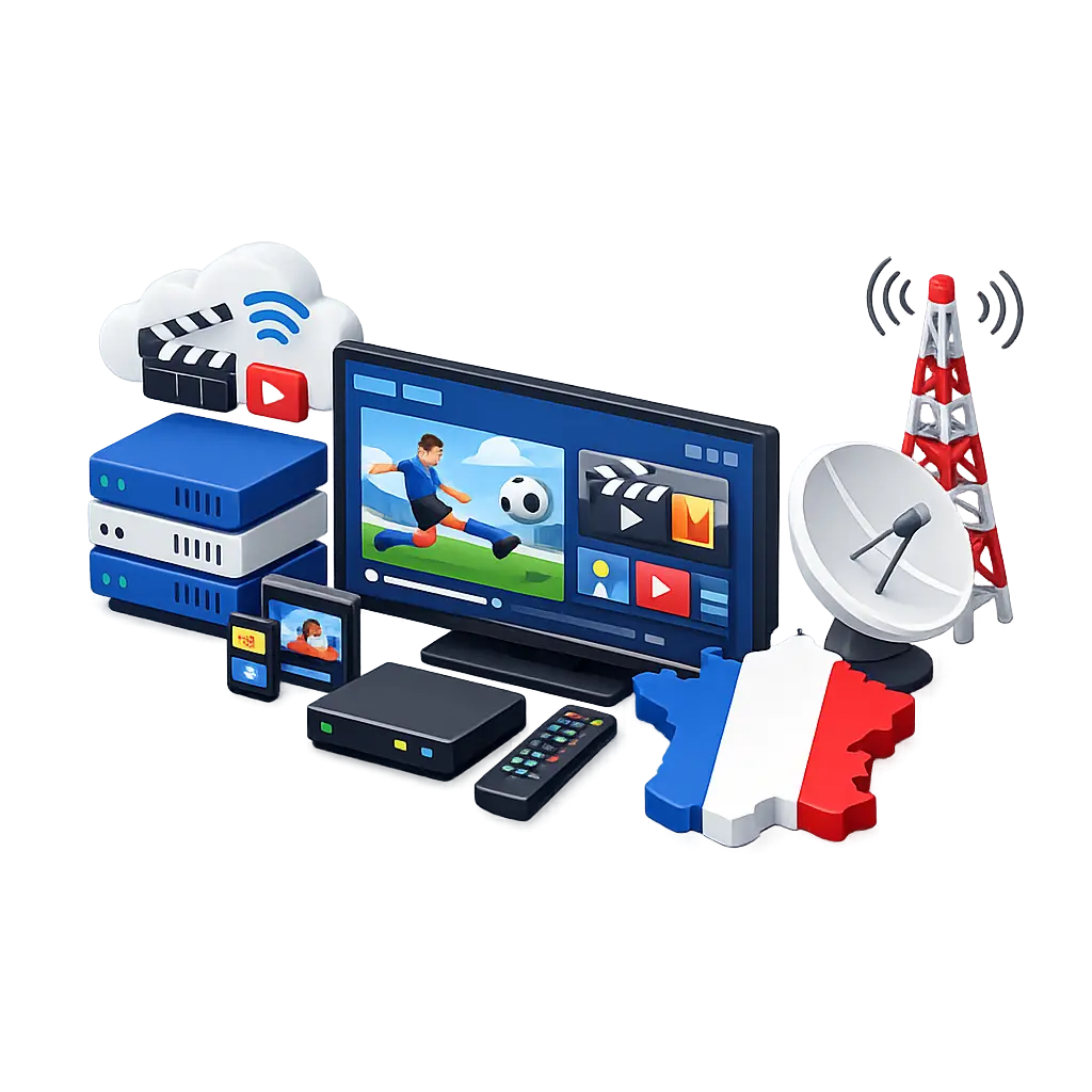 Illustration 3D vectorielle représentant le fonctionnement de l’IPTV France avec un serveur de streaming, une télévision connectée, un décodeur IPTV, un smartphone, une antenne satellite et une carte de France, montrant la diffusion de contenus TV via Internet sur plusieurs appareils.