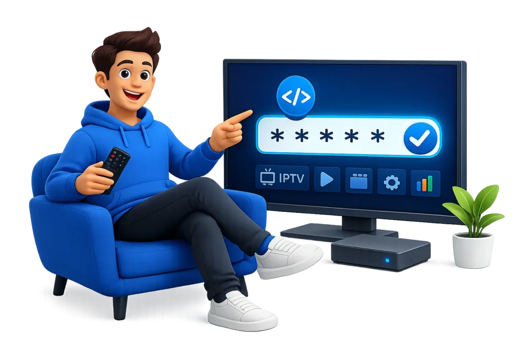 Illustration 3D d’un utilisateur activant un code IPTV sur une télévision connectée à l’aide d’une télécommande, avec une interface de connexion sécurisée et un boîtier de streaming