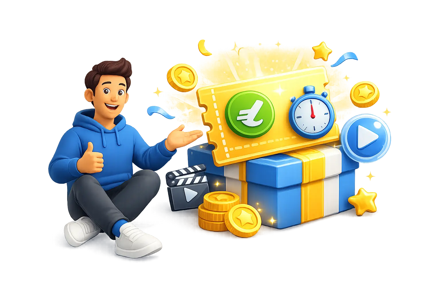 Illustration 3D d’un utilisateur satisfait découvrant un essai gratuit IPTV avec un ticket d’accès, une boîte cadeau et des éléments de streaming, représentant la possibilité de tester le service avant abonnement.