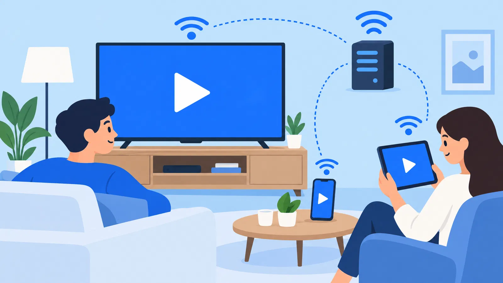 Famille regardant un abonnement IPTV France sur plusieurs écrans en même temps : Smart TV, tablette et smartphone