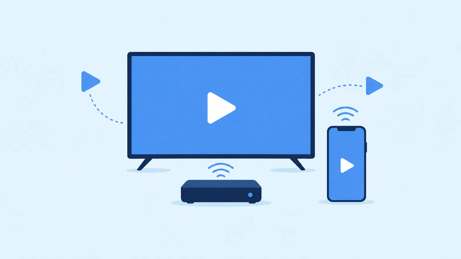 Smart TV, boîtier IPTV et smartphone reliés par des signaux Wi-Fi pour regarder la télévision par internet
