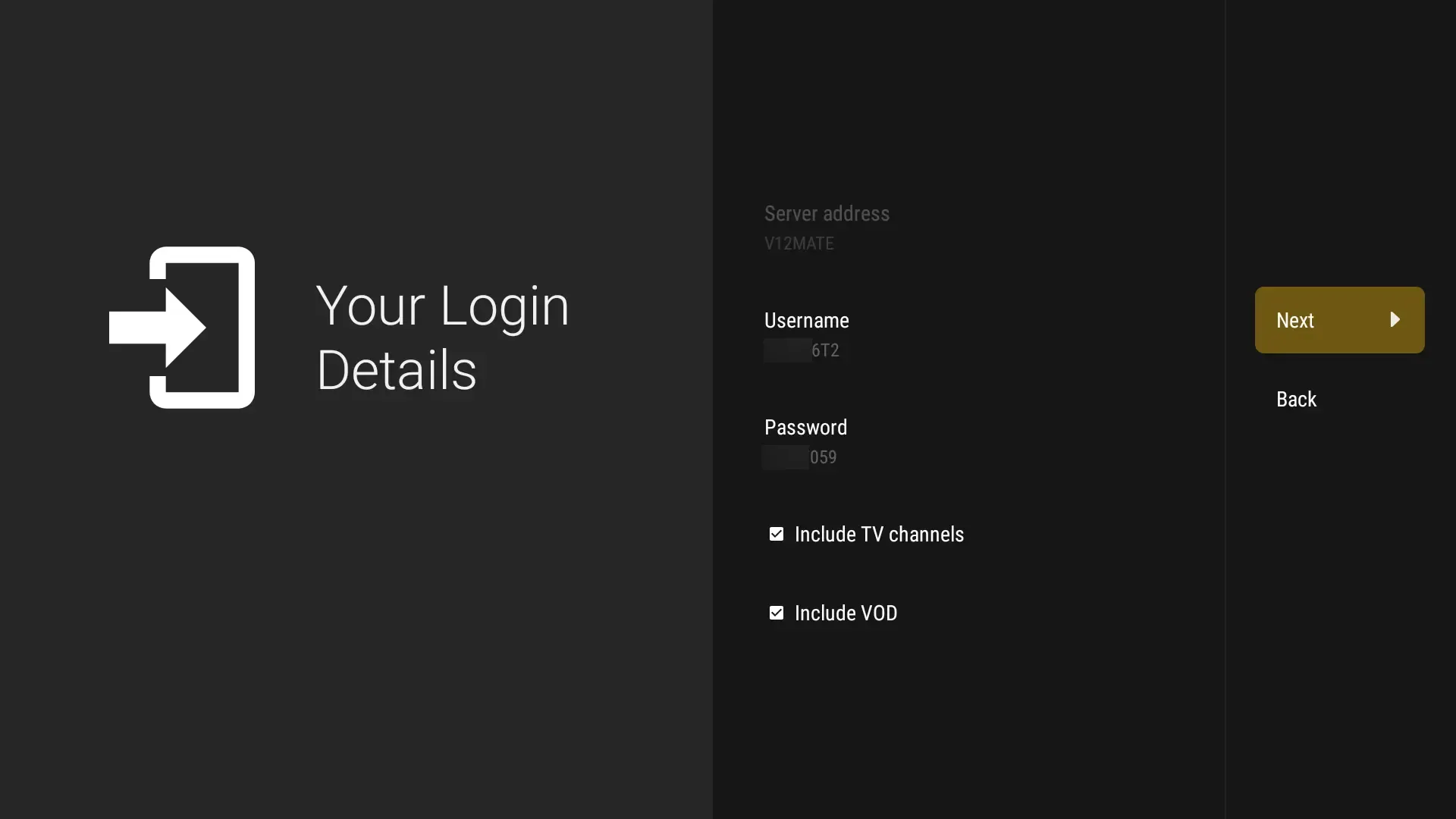Installation IPTV sur Android TV / Box – étape 10 : Appuyez sur Suivant, conservez VOD et Chaînes TV cochés. Attendez environ 1 minute puis appuyez
