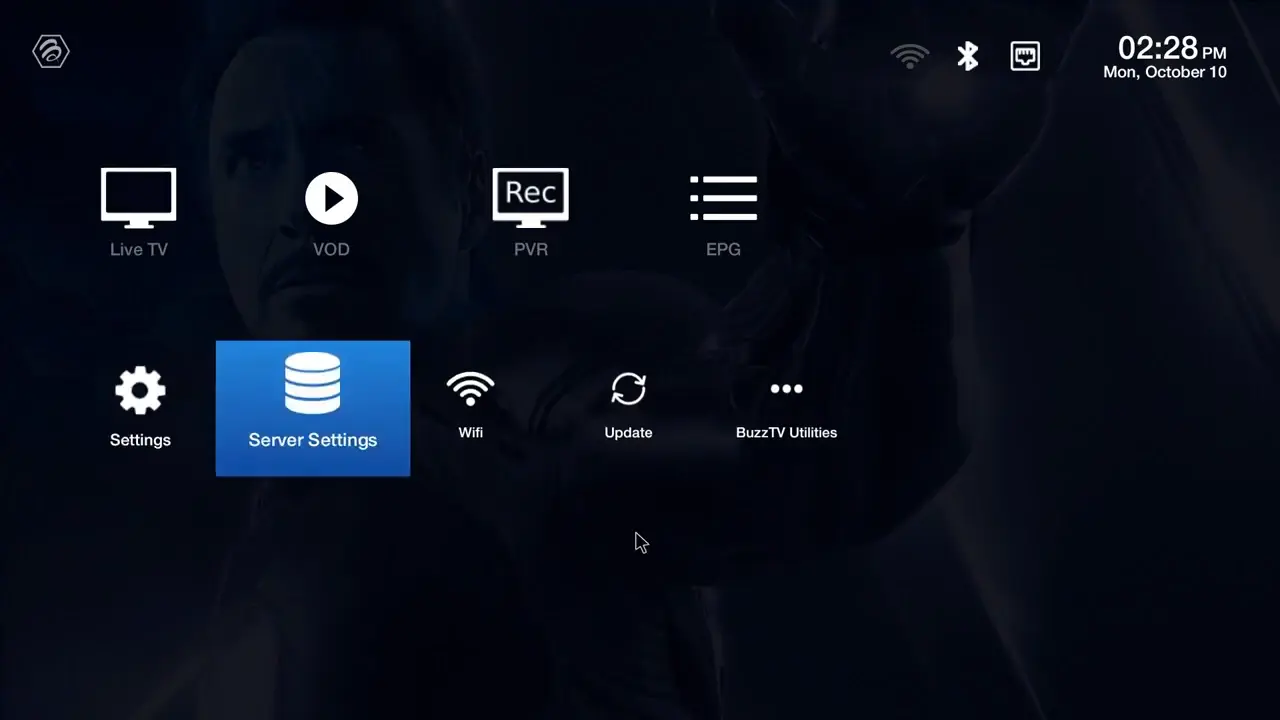 Installation IPTV sur BuzzTV – étape 1 : Depuis l'écran d'accueil BuzzTV, accédez à Paramètres du serveur