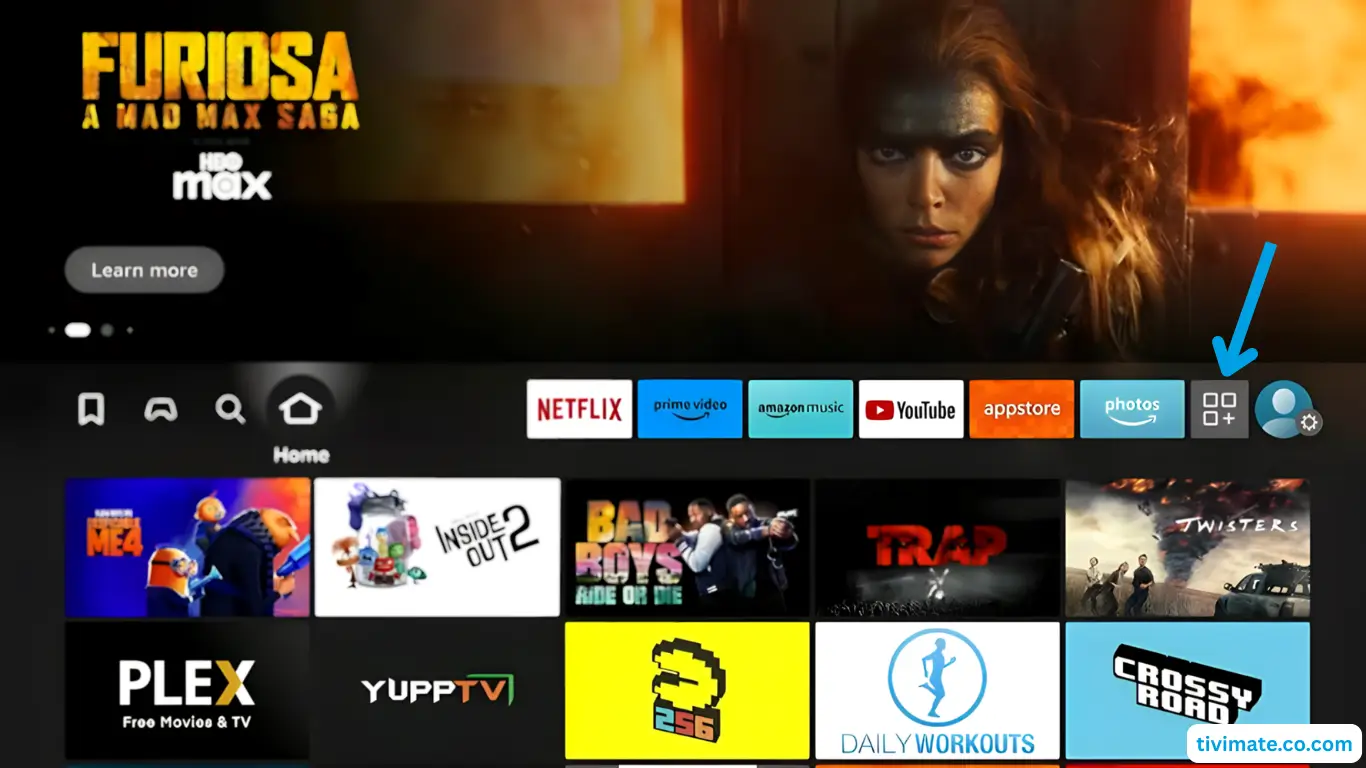 Installation IPTV sur Fire TV Stick – étape 1 : Accédez à Mes applications depuis l'écran d'accueil du Fire TV