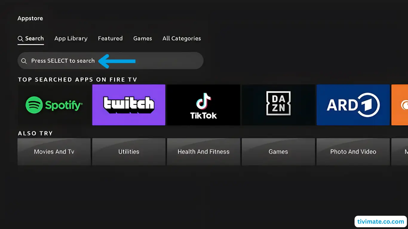 Installation IPTV sur Fire TV Stick – étape 3 : Choisissez Rechercher, appuyez sur Bas puis OK. Tapez Downloader