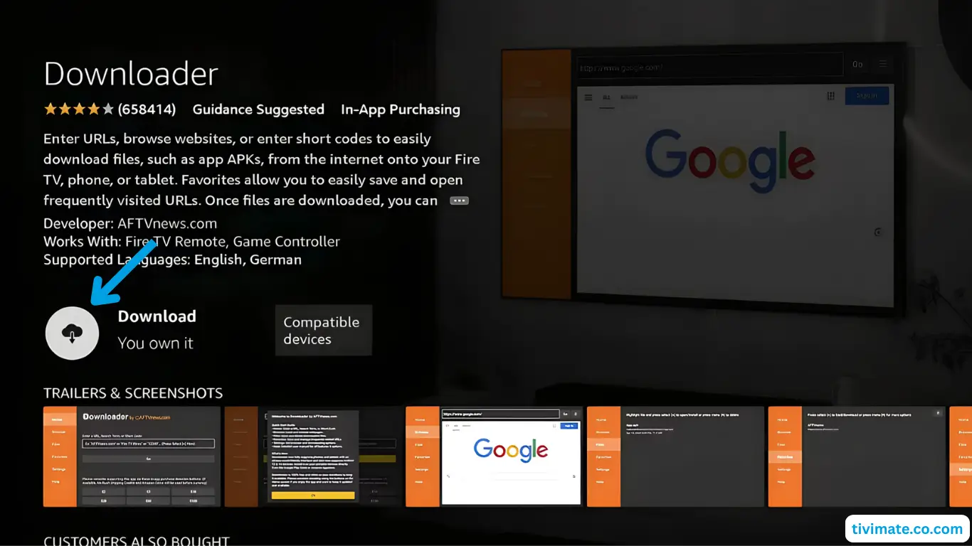 Installation IPTV sur Fire TV Stick – étape 5 (2/2) : Choisissez Downloader → Télécharger