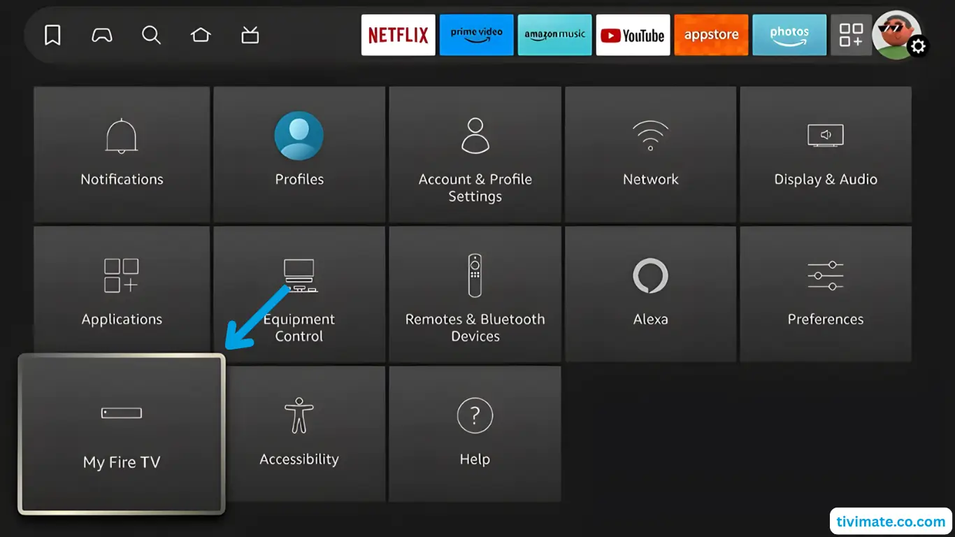 Installation IPTV sur Fire TV Stick – étape 8 : Accédez à Paramètres → Mon Fire TV
