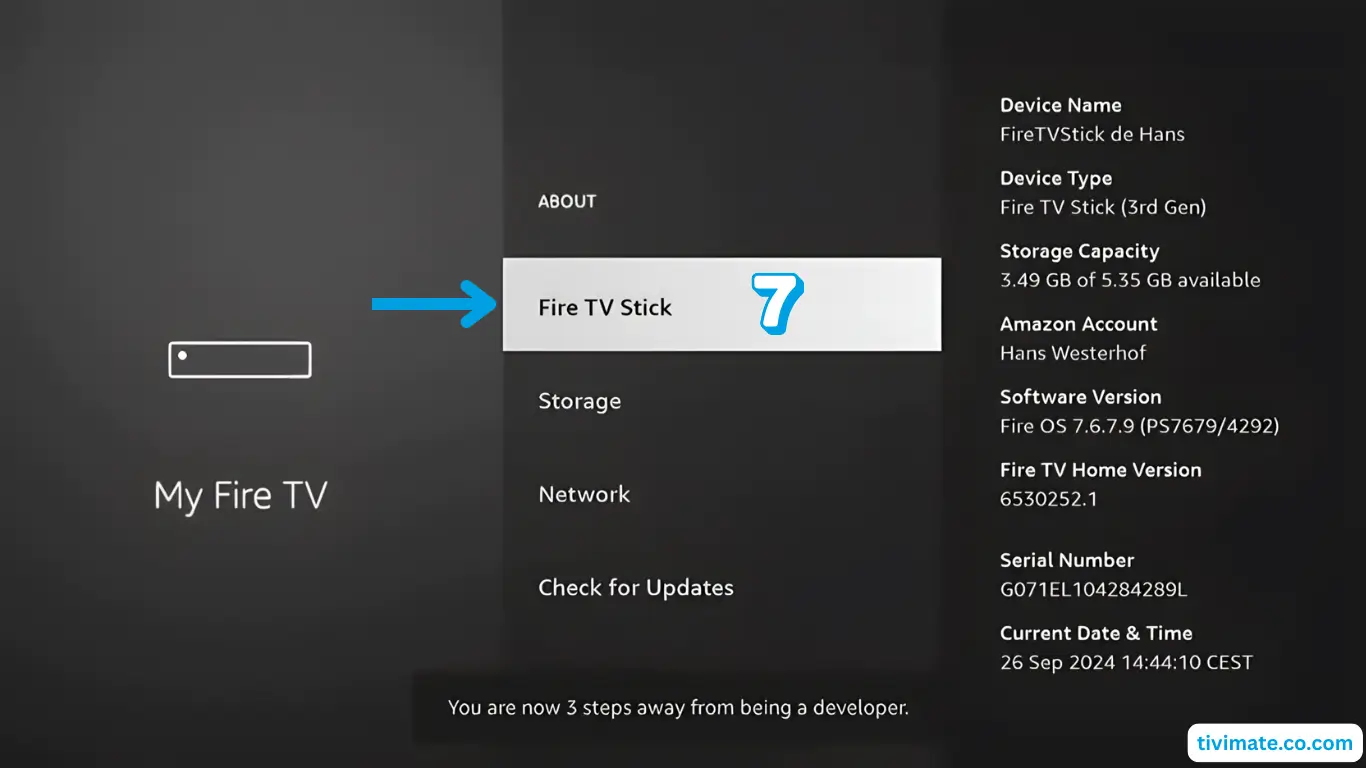 Installation IPTV sur Fire TV Stick – étape 9 : Ouvrez À propos et cliquez 7 fois sur Fire TV Stick pour activer les Options développeur