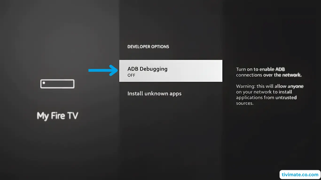 Installation IPTV sur Fire TV Stick – étape 10 : Appuyez sur Retour → Options développeur → activez le Débogage ADB