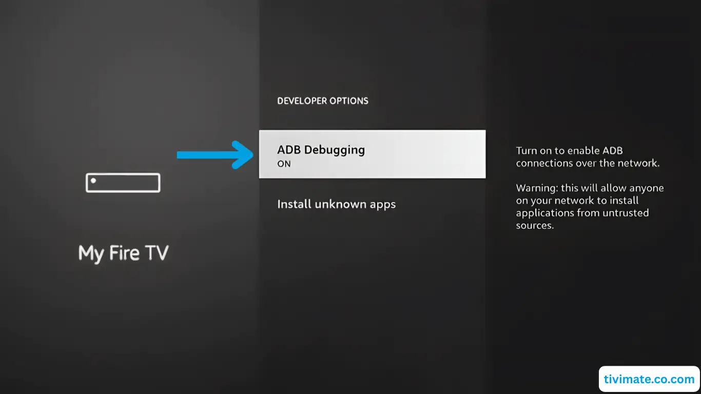 Installation IPTV sur Fire TV Stick – étape 11 : Confirmez que le Débogage ADB est Activé