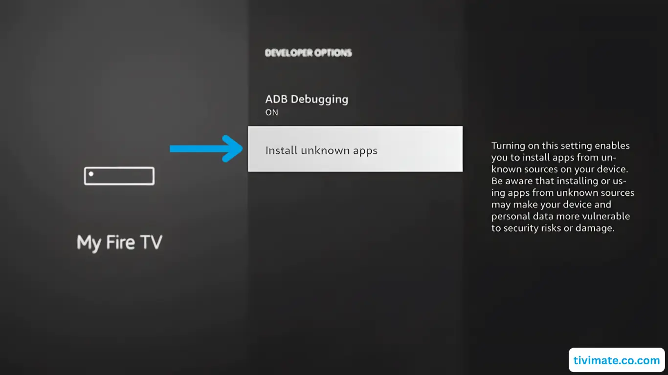 Installation IPTV sur Fire TV Stick – étape 12 (1/2) : Sélectionnez Installer des apps inconnues → donnez la permission à Downloader (appuyez sur OK)