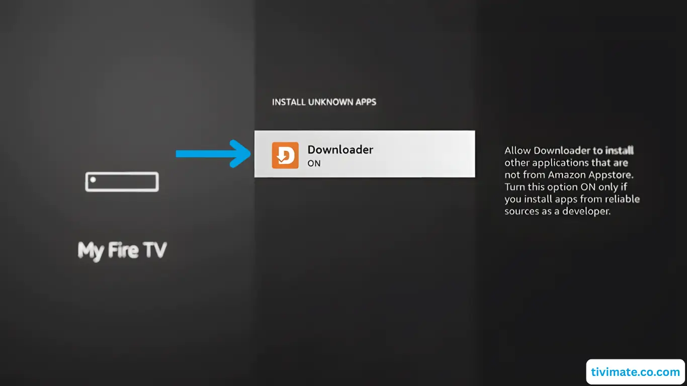 Installation IPTV sur Fire TV Stick – étape 12 (2/2) : Sélectionnez Installer des apps inconnues → donnez la permission à Downloader (appuyez sur OK)
