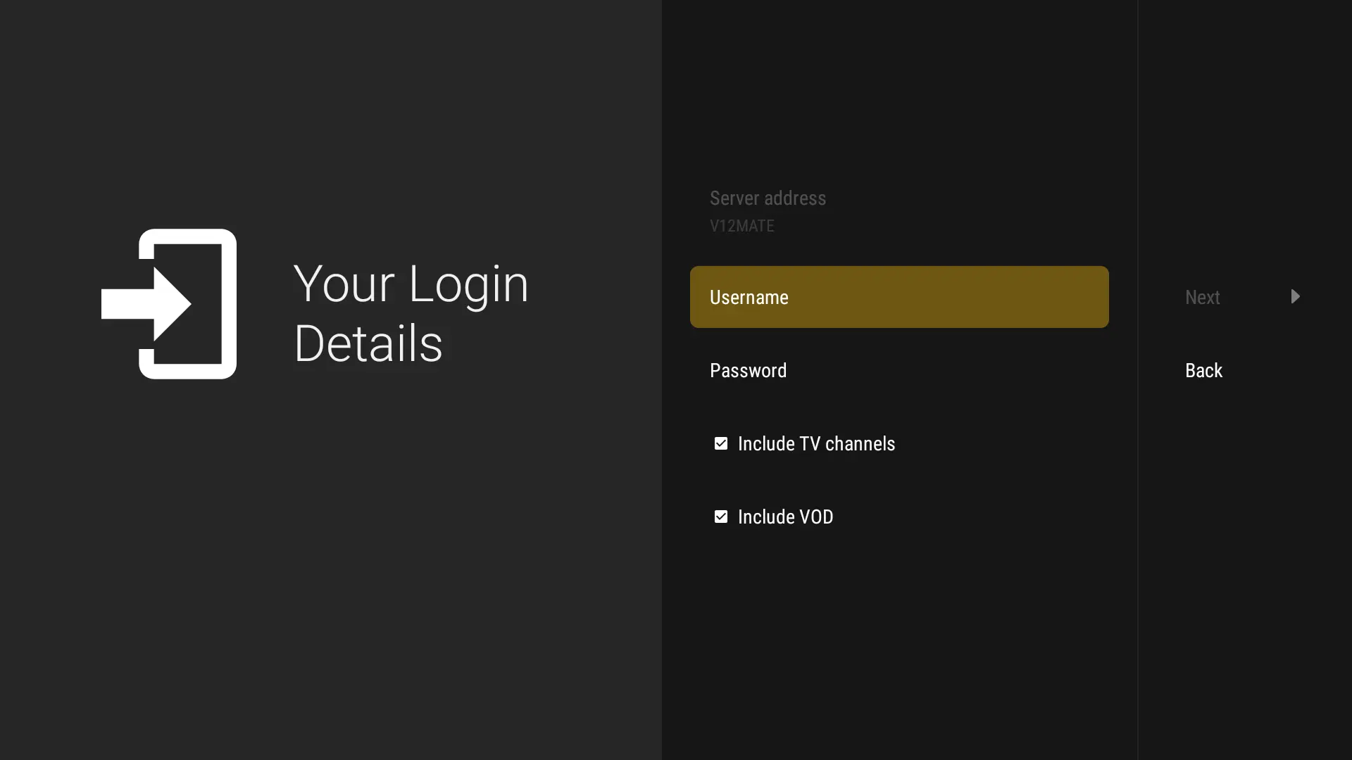 Installation IPTV sur Fire TV Stick – étape 23 : Saisissez vos identifiants — Aucune URL serveur n'est nécessaire, c'est notre propre lecteur.
