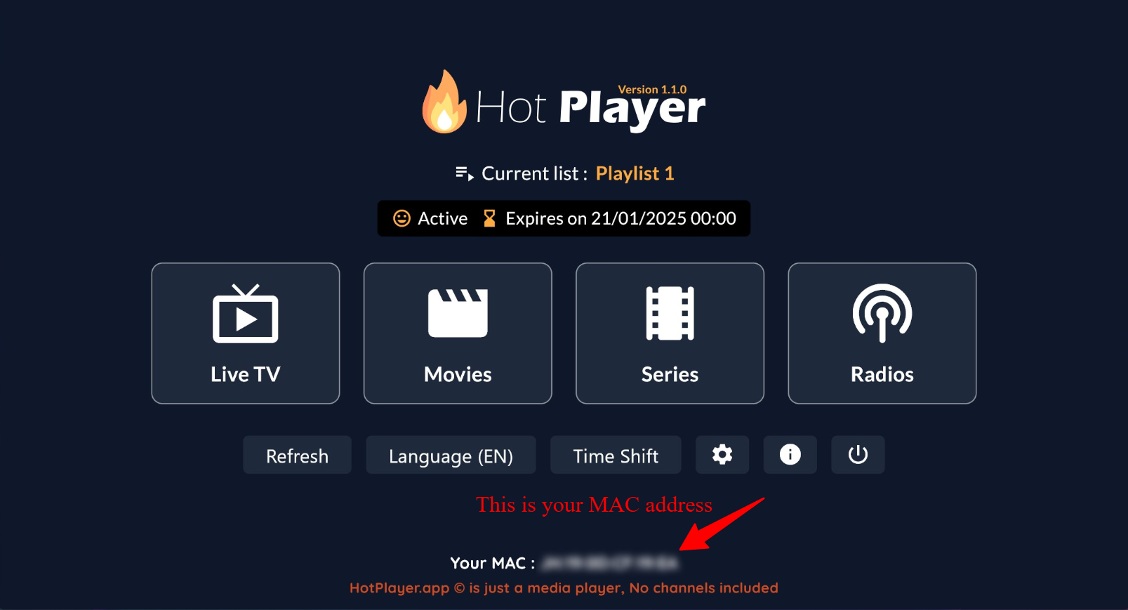 Installation IPTV sur Smart TV – étape 3 : Ouvrez Hot Player, notez l'adresse MAC affichée à l'écran