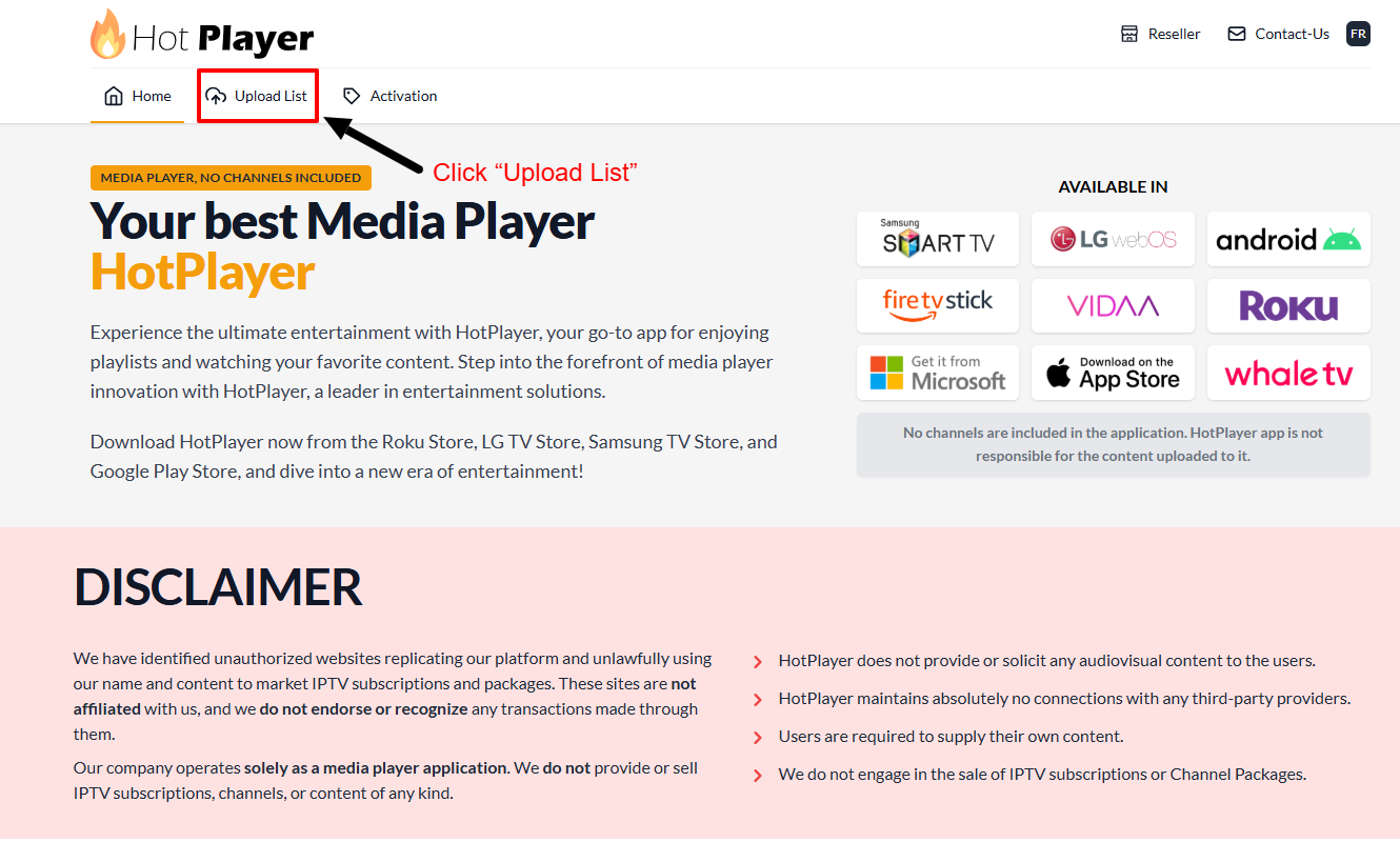 Installation IPTV sur Smart TV – étape 4 : Depuis votre téléphone ou ordinateur, visitez https://hotplayer.app → cliquez sur « Importer un