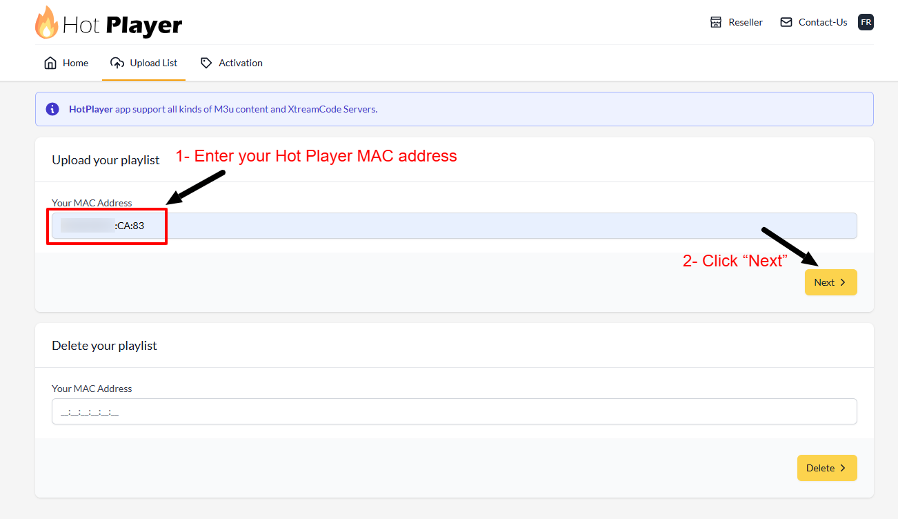 Installation IPTV sur Smart TV – étape 5 : Saisissez l'adresse MAC → Suivant → choisissez « Xtream Code »